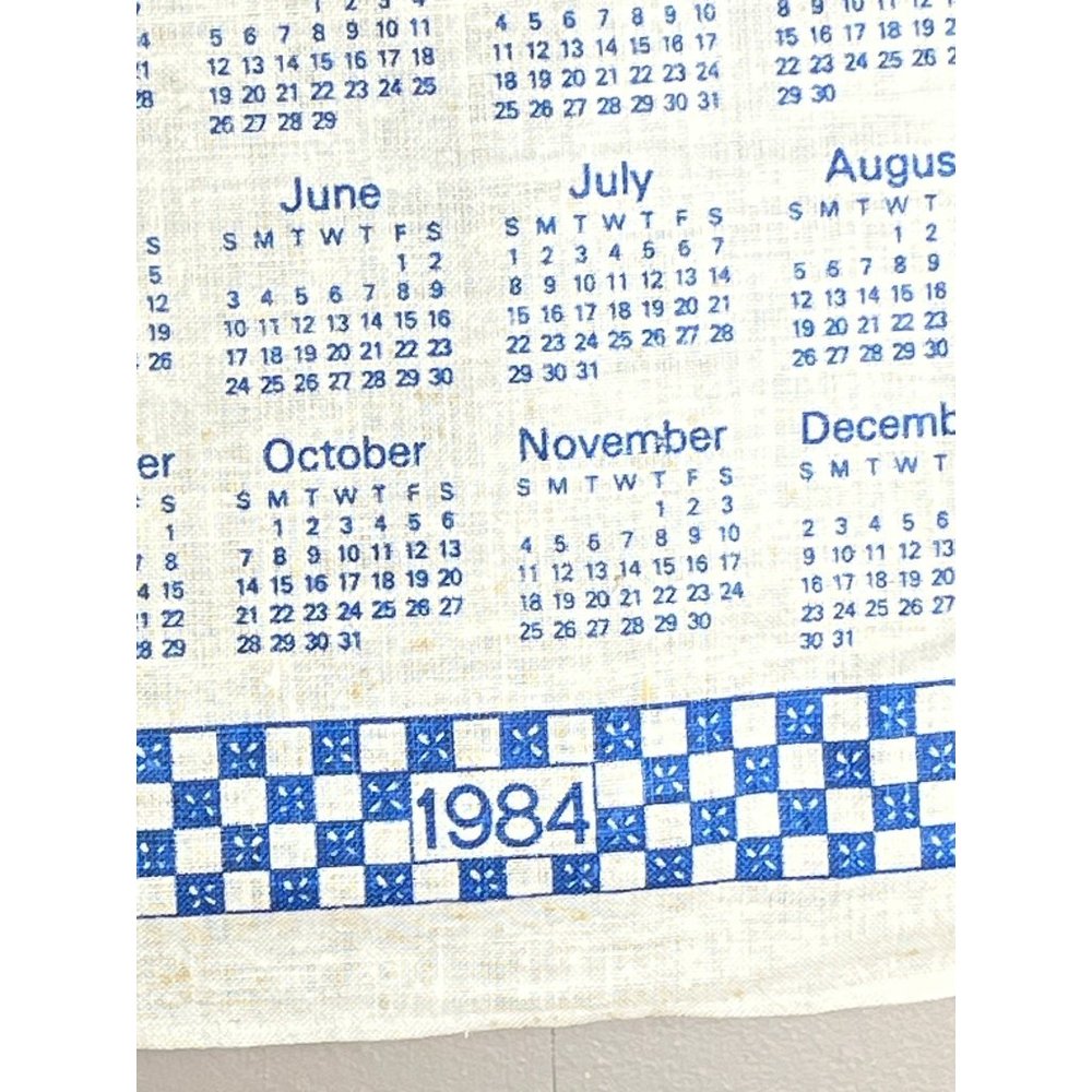 1984 Linen Calendar Teapots Red Blue Cloth Prayer Towel Wall Hanging Vintage - Picture 2 of 6